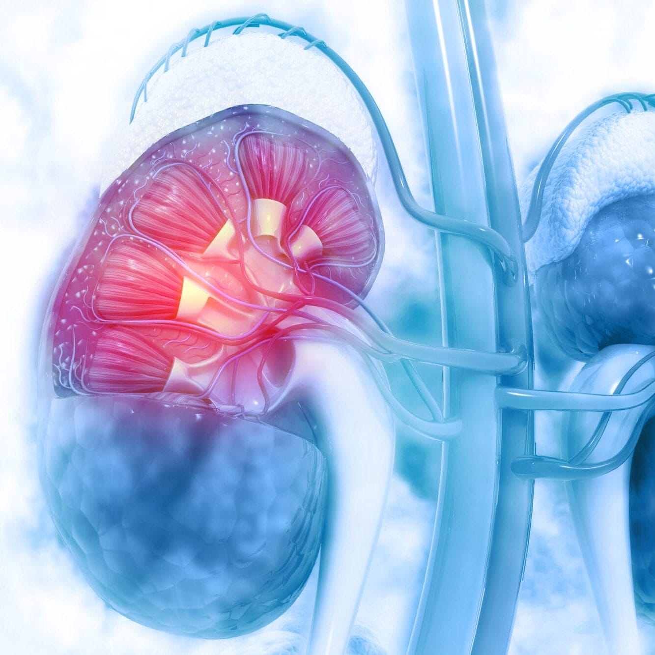 Human Kidney Cross Section On Scientific Background. 3d Illustration